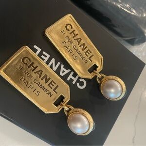 CHANEL Gold and White Pearl Dangle Earrings